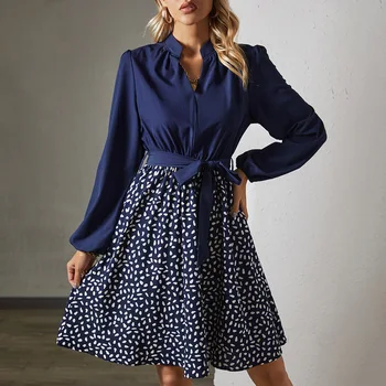 Новое модное женское мини-платье Синяя юбка с V-образным вырезом и галстуком с принтом в стиле пэчворк Элегантное женское платье для вечеринок