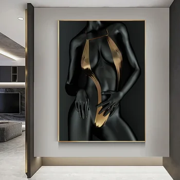 современная сексуальная черная женщина в золотом бикини холст картина настенное искусство сексуальный боди-арт плакаты принты для крыльца комната настенный декор