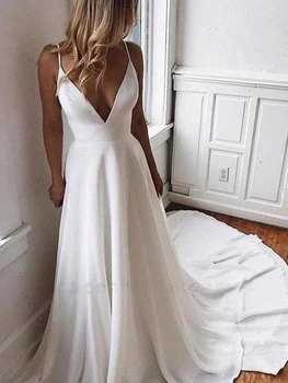 Vestido De Noiva Summer A Line Простое белое свадебное платье невесты с V-образным вырезом Свадебное платье для вечеринки Длинное атласное пляжное платье в стиле бохо на бретелях