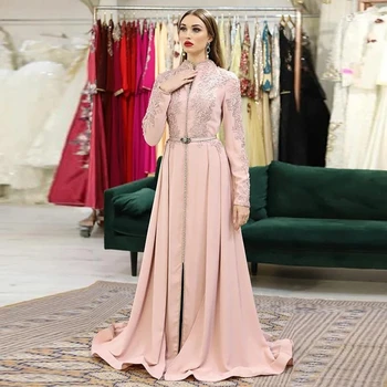 Розовый марокканский кафтан Вечерние платья А-силуэта с длинными рукавами Аппликации Выпускные платья Арабские платья для вечеринок
