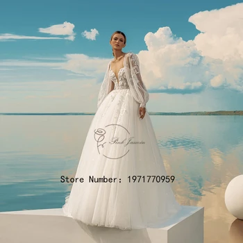 Блестящий V-образный вырез Пышные пышные рукава Аппликация Элегантные свадебные платья Тюль Без спинки Придворный поезд Свадебные платья Vestidos De Novia New