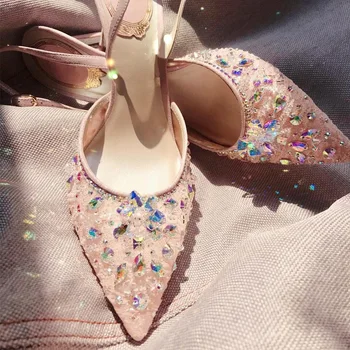 Лето новое остроконечное шпилька на высоком каблуке с кристаллами кружева свадебные туфли для невесты банкетное платье всематчевые женские сандалии на заказ