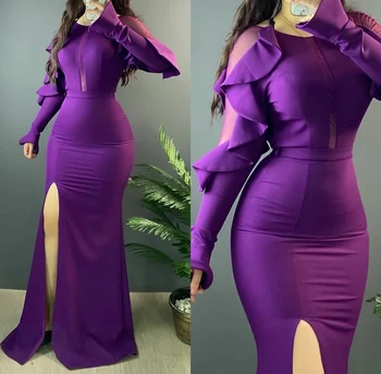 сексуальные фиолетовые с длинным рукавом русалка с о-образным вырезом выпускные платья с разрезом на молнии сзади халат de soiree длина до пола рюши формальное платье для вечеринки