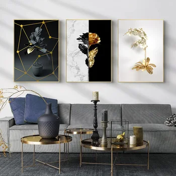 Настенное искусство Абстрактный Золотой Цветок Плакат Мрамор Геометрическая линия Скандинавские картины на холсте Современный домашний декор Украшение гостиной