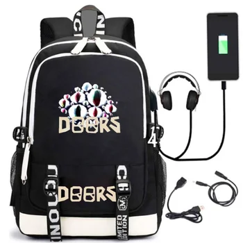 Двери Roblox Окружающая учащиеся начальной и средней школы Школьный портфель Печать USB Зарядка Рюкзак Холст большой емкости
